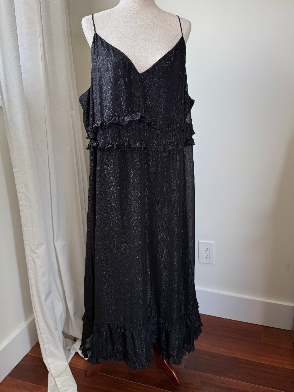 Madewell Plus Size 22 Black Metallic Ruffle Midi Dress Spaghetti Strap Tiered - Picture 2 of 9